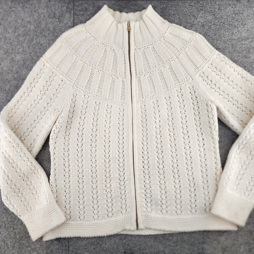 Talbots White Pointelle Cable Knit Full Zip Mock Neck Sweater Womens Med